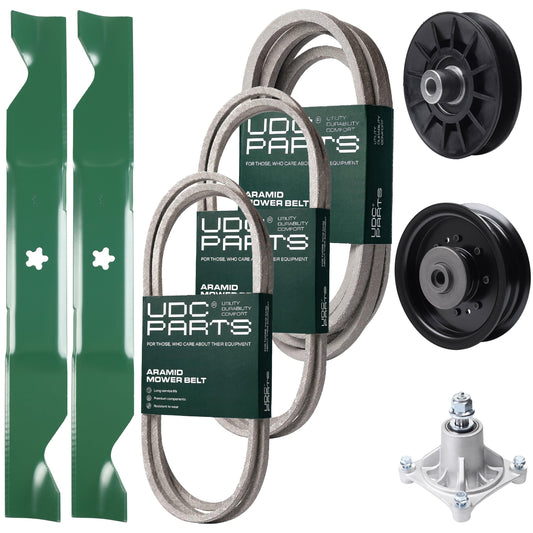 Bulk Lawn Mower Pulleys -  UDC Parts Mower Kit / Belt 138255 + Belt 194346 + Belt 539117245 + Pulley 532194326 + Pulley 532196104 + Spindle 532174356 + 2 Pack Blades 405380 / Fits Husqvarna LT1597
