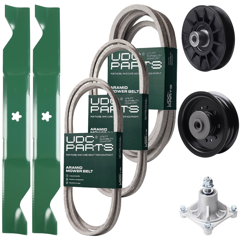 Bulk Lawn Mower Pulleys -  UDC Parts Mower Kit / Belt 138255 + Belt 194346 + Belt 539117245 + Pulley 532194326 + Pulley 532196104 + Spindle 532174356 + 2 Pack Blades 405380 / Fits Husqvarna LT1597