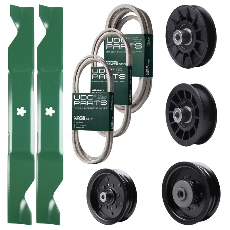 Bulk Lawn Mower Pulleys -  UDC Parts Mower Kit / Belt 140218 + Belt 197242 + Belt 405143 + Pulley 532194326 + Pulley 532196104 + Pulley 532196106 + Pulley 532194327 + 2 Pack Blades 405380 / Fits Husqvarna YTH220 Twin