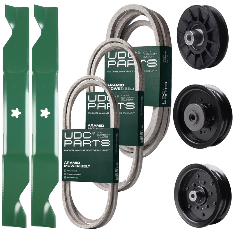 Bulk Lawn Mower Pulleys -  UDC Parts Mower Kit / Belt 130969 + Belt 197242 + Belt 405143 + Pulley 532194326 + Pulley 532196104 + Pulley 532196106 + 2 Pack Blades 405380 / Fits Husqvarna YTH220 Twin