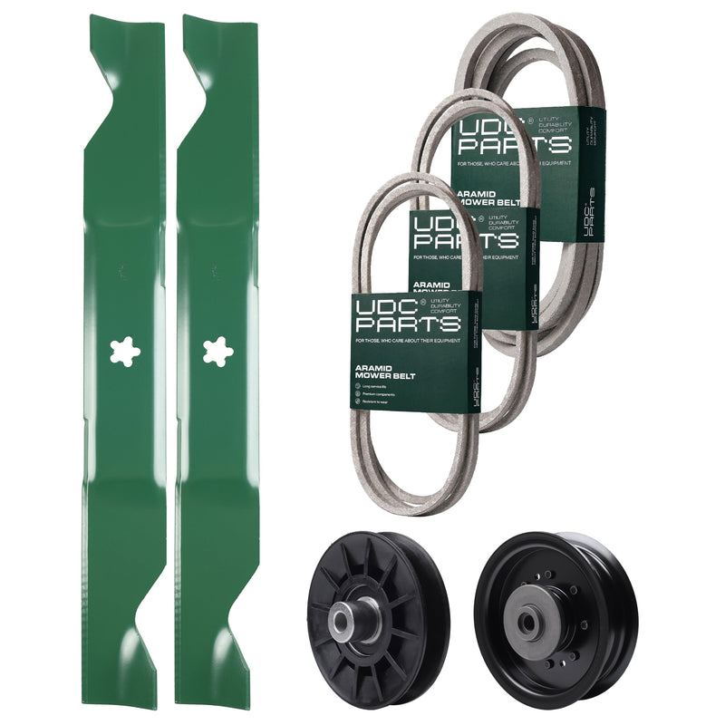 Products -  UDC Parts Mower Kit / Belt 130969 + Belt 197242 + Belt 405143 + Pulley 532194326 + Pulley 532196104 + 2 Pack Blades 405380 / Fits Husqvarna YTH220 Twin