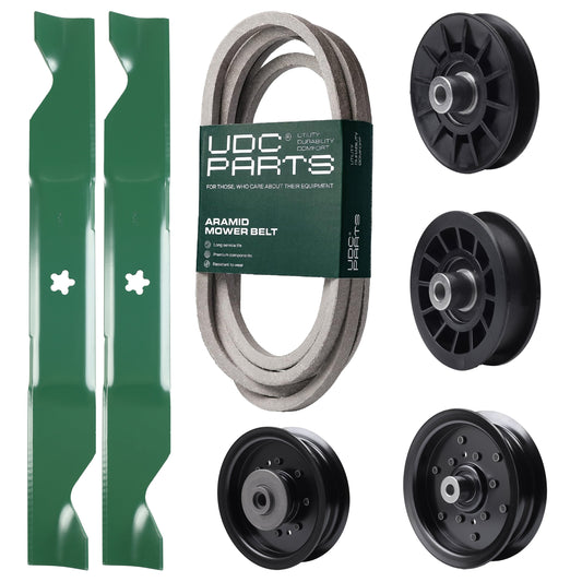 Wholesale Lawn Mower Parts -  UDC Parts Mower Kit / Belt 197242 + Pulley 532194326 + Pulley 532196104 + Pulley 532196106 + Pulley 532194327 + 2 Pack Blades 405380 / Fits Husqvarna YTH220 Twin