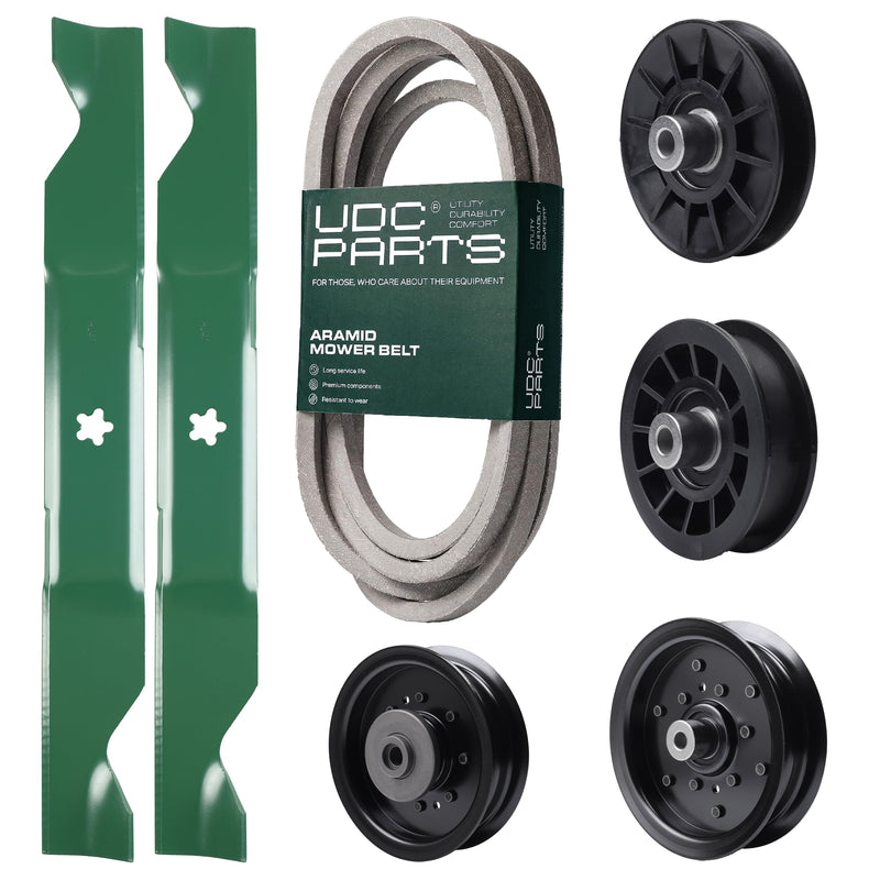 Wholesale Lawn Mower Parts -  UDC Parts Mower Kit / Belt 197242 + Pulley 532194326 + Pulley 532196104 + Pulley 532196106 + Pulley 532194327 + 2 Pack Blades 405380 / Fits Husqvarna YTH220 Twin