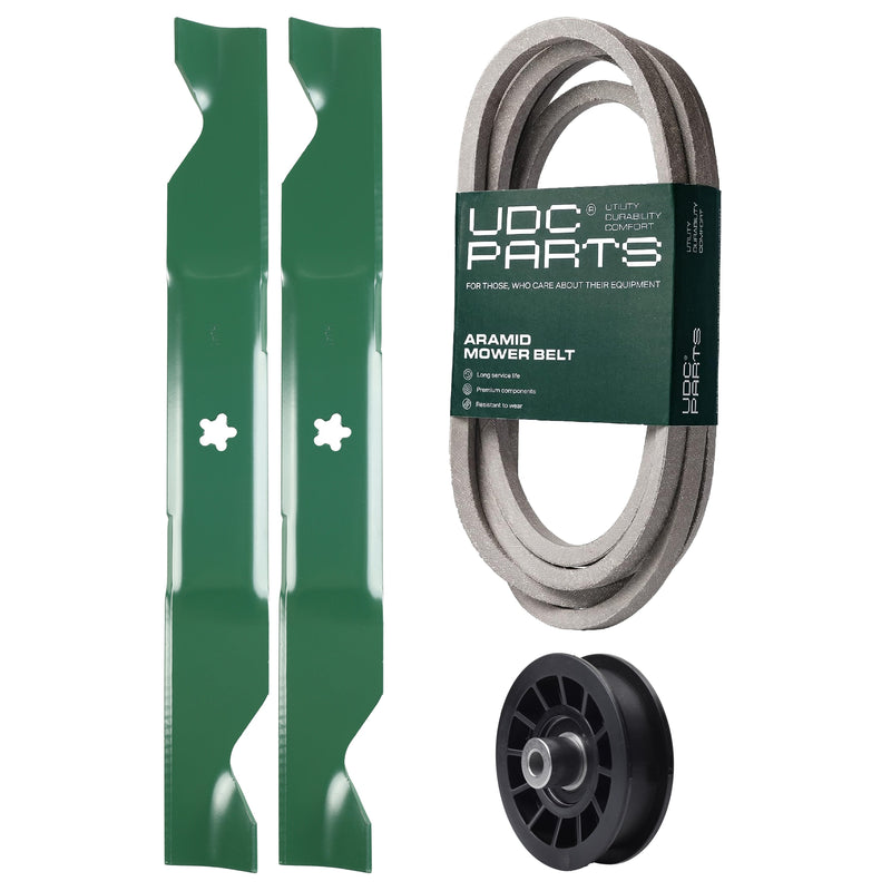  UDC Parts Mower Kit / Belt 539117245 + Pulley 532194327 + 2 Pack Blades 405380 / Fits Husqvarna LT1597