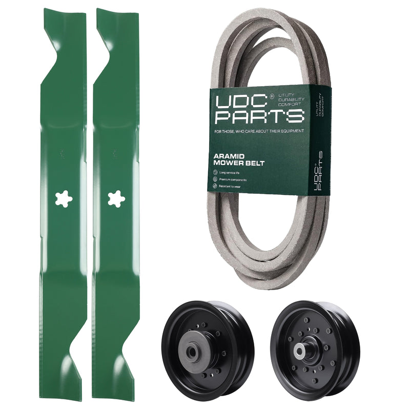  UDC Parts Mower Kit / Belt 539117245 + Pulley 532196106 + Pulley 532196104 + 2 Pack Blades 405380 / Fits Husqvarna LSZ4622 LSZ5422 LSZ5424