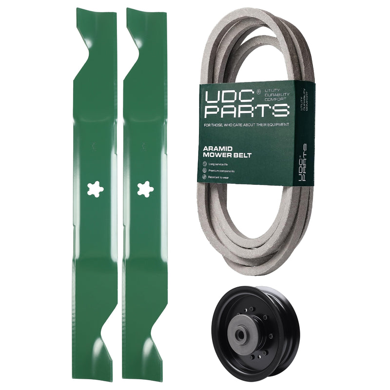  UDC Parts Mower Kit / Belt 539114557 + Pulley 532196104 + 2 Pack Blades 405380 / Fits Husqvarna LSZ4622 LSZ5422 LSZ5424