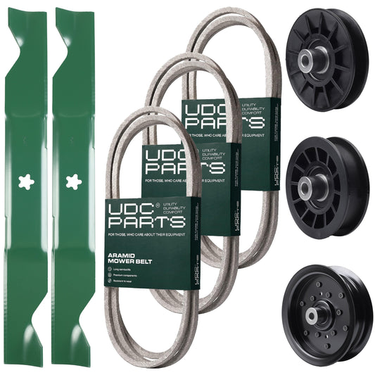 Wholesale Lawn Mower Parts -  UDC Parts Mower Kit / Belt 130969 + Belt 197253 + Belt 405143 + Pulley 532194326 + Pulley 532196106 + Pulley 532194327 + 2 Pack Blades 405380 / Fits Husqvarna YTH20K46