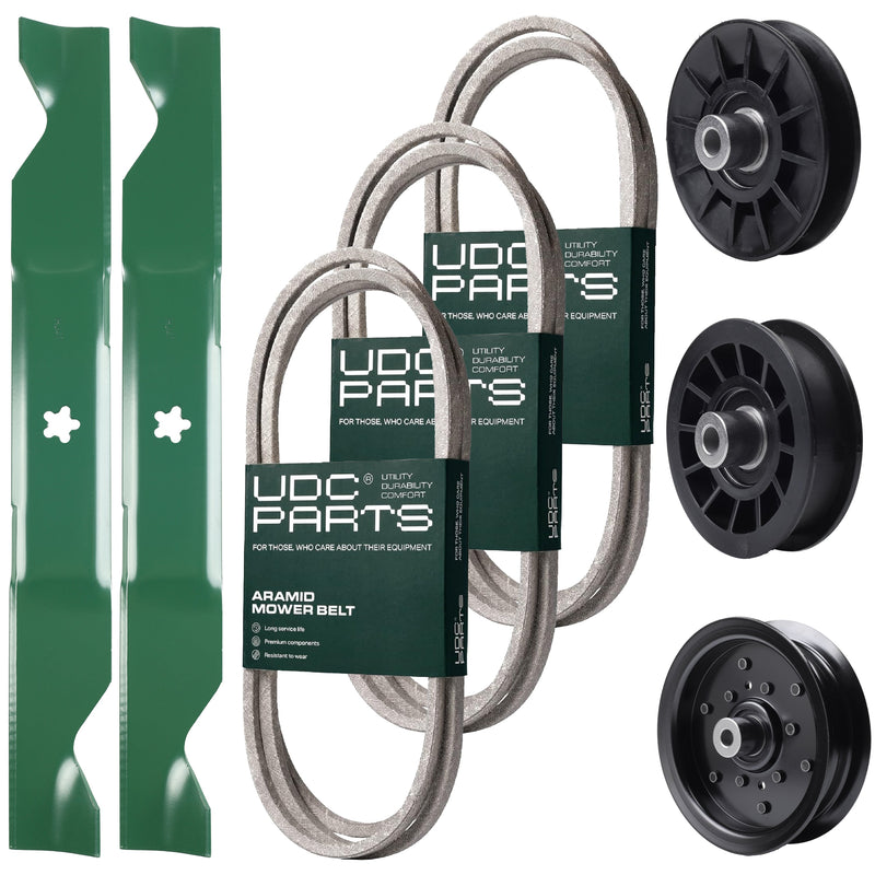 Wholesale Lawn Mower Parts -  UDC Parts Mower Kit / Belt 130969 + Belt 197253 + Belt 405143 + Pulley 532194326 + Pulley 532196106 + Pulley 532194327 + 2 Pack Blades 405380 / Fits Husqvarna YTH20K46
