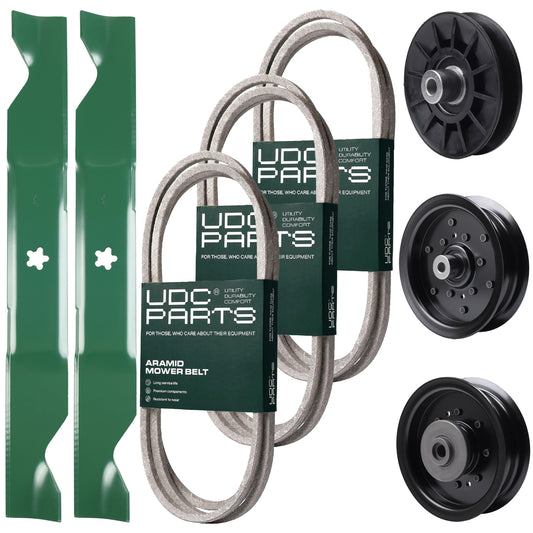 Wholesale Lawn Mower Parts -  UDC Parts Mower Kit / Belt 130969 + Belt 140218 + Belt 405143 + Pulley 532194326 + Pulley 532196104 + Pulley 532196106 + 2 Pack Blades 405380 / Fits Husqvarna YTH220 Twin
