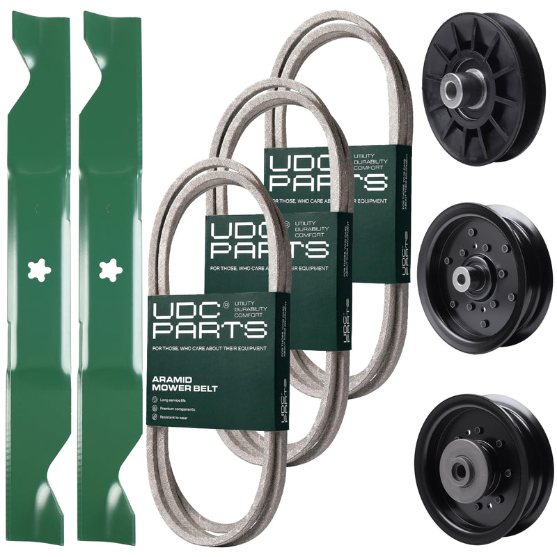 Wholesale Lawn Mower Parts -  UDC Parts Mower Kit / Belt 130969 + Belt 140218 + Belt 405143 + Pulley 532194326 + Pulley 532196104 + Pulley 532196106 + 2 Pack Blades 405380 / Fits Husqvarna YTH220 Twin