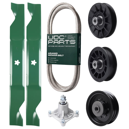Wholesale Lawn Mower Parts -  UDC Parts Mower Kit / Belt 194346 + Pulley 532194326 + Pulley 532194327 + Pulley 532196104 + Spindle 532174356 + 2 Pack Blades 405380 / Fits Husqvarna LT1597