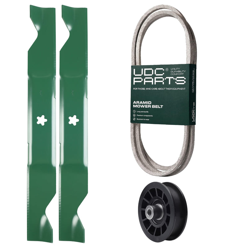  UDC Parts Mower Kit / Belt 405143 + Pulley 532194327 + 2 Pack Blades 405380 / Fits Poulan Pro PB185A46LT PB18VA46 PB19546LT PB195H46YT PB195H46YTX PB20A46 PB20A46YT PB20H46LT PB20H46YT PB20VA46