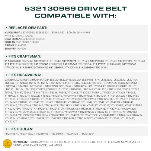  532130969, 130969 Mower Drive Belt Replacement for Husqvarna YTH18542, YTH22V46, LGT2654 & More | Aramid Cord