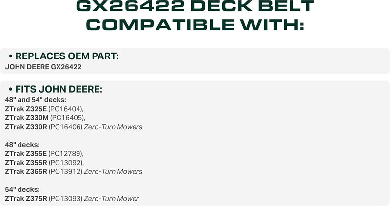 GX26422 Mower Deck Belt Replacement for John Deere Z325E, Z365R, Z330M & More | Aramid Cord