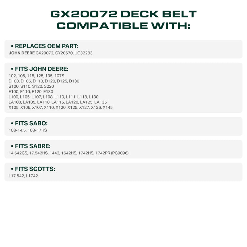 GX20072, UC32283 Mower Deck Belt Replacement for John Deere D130, D105, L100 & More | 42-in Deck | Aramid Cord