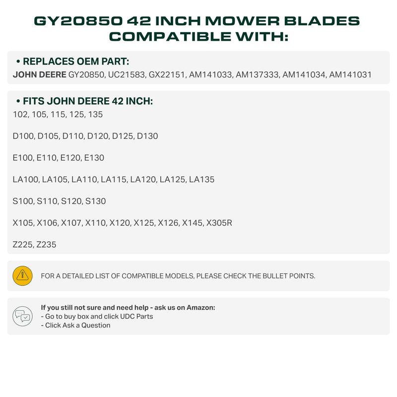 GY20850 Mower Blades Replacement for John Deere 42 inch D110 D130 D105 S100 E100 E120 E130 Z225 GX22151 AM141033 AM141031 AM141034 X305R D100 LA105 LA115 E110 / Gator Mulching Blades 2 Pack