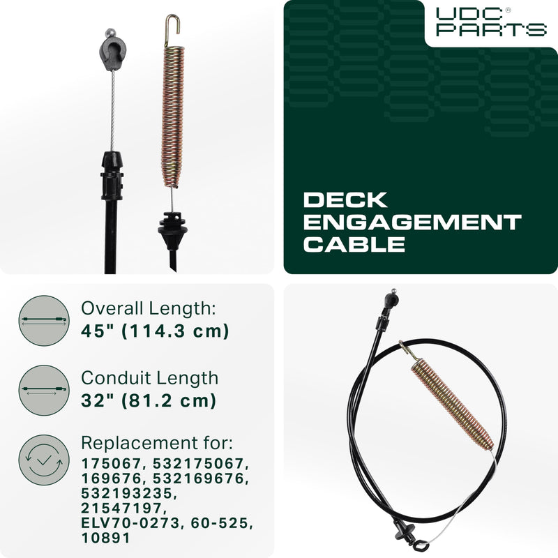 UDC Parts 175067 Deck Clutch Cable for 42 inch Craftsman LT1000 LT2000 DLT 3000 Husqvarna AYP Poulan Jonsered Ariens Ryobi 169676 532169676 532175067 532193235 21547197 Lawn Tractors