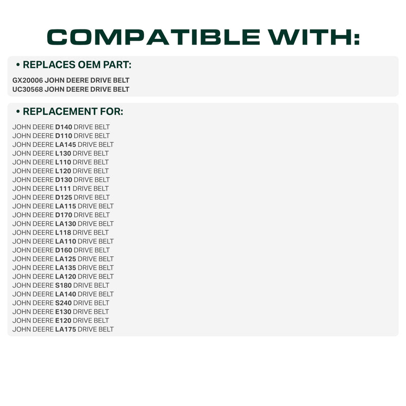  GX20006, UC30568 Mower Drive Belt Replacement for John Deere D130, L120, D140 & More | Aramid Cord