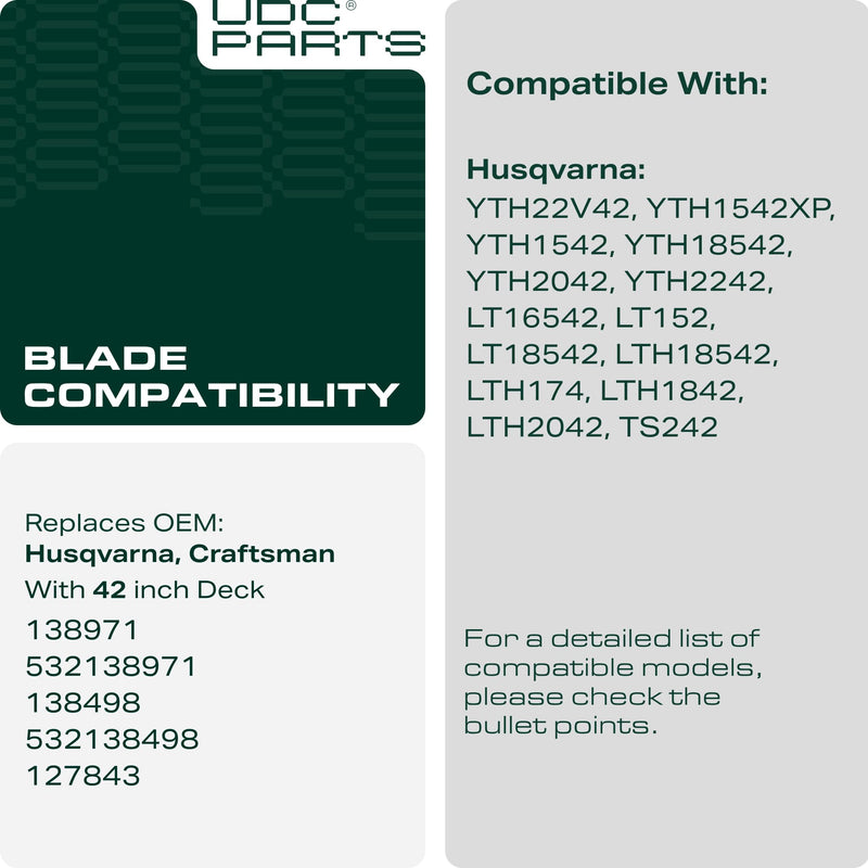  532138971 138971 42 Inch Mower Blades Replacement for Craftsman LT2000 YT3000 Husqvarna YTH22V42 YTH18542 YTA18542 YTH1542XP Poulan 532127843 138498 532138498 532134149 / High Lift 2 Pack