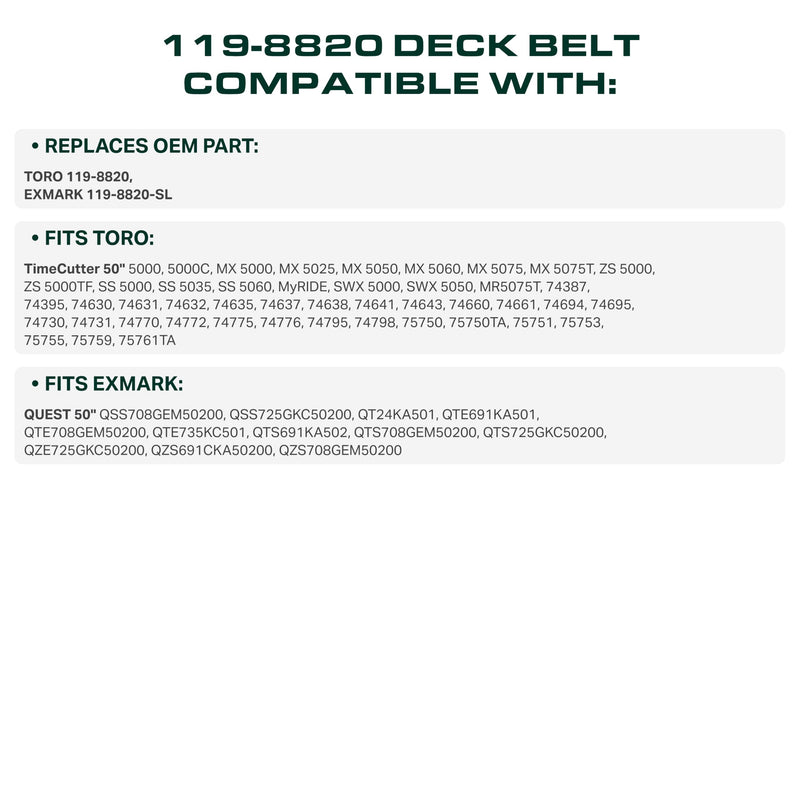 119-8820 Mower Deck Belt Replacement for Toro 75750, SS5000 & More | 50-in Deck | Aramid Cord