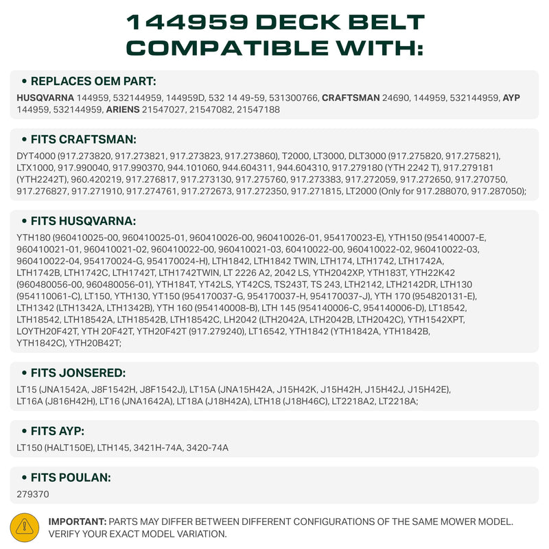 144959, 532144959 Mower Deck Belt Replacement for Craftsman LTX1000, LT3000, DLT3000 & More | 42-in Deck | Aramid Cord