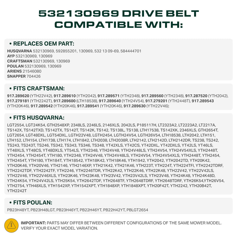  532130969, 130969 Mower Drive Belt Replacement for Husqvarna YTH18542, YTH22V46, LGT2654 & More | Aramid Cord