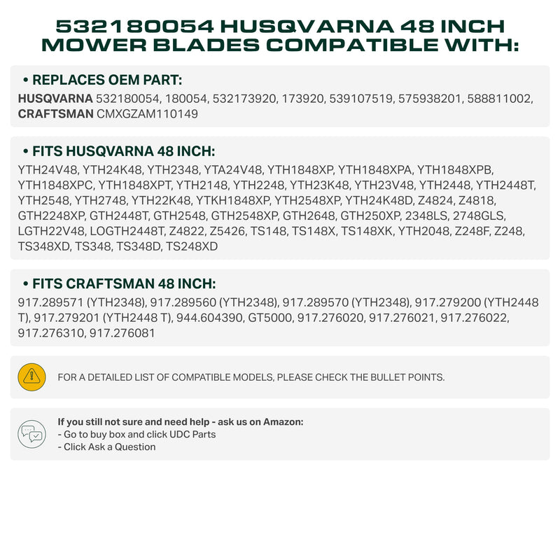 UDC Parts 532180054 Lawn Mower Blades for Husqvarna 48 Inch YTH24V48 YTH2348 YTH24K48 YTA24V48 180054 173920 532173920 Craftsman Poulan / High Lift Mulching Blades