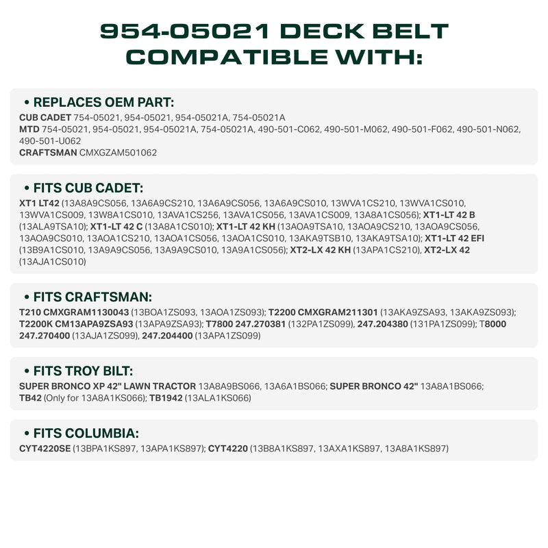 954-05021, 490-501-C062 Mower Deck Belt Replacement for Cub Cadet XT1 LT42 | Craftsman T210 & More | 42-in Deck | Aramid Cord
