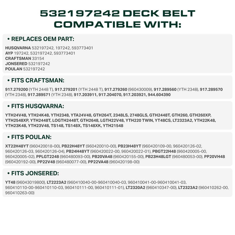 532197242, 593773401 Mower Deck Belt Replacement for Husqvarna YTH24V48, YTH24K48, YTA24V48 & More | 48-in Deck | Aramid Cord
