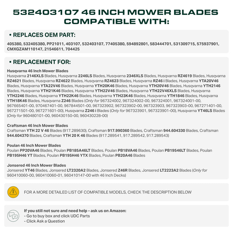 UDC Parts Mower Gator Mulching Blades for Husqvarna 46 Inch YTH22V46 Z246 RZ4623 YTA22V46 532403107 403107 CMXGZAM110146 Craftsman AYP Poulan Pro Ariens 917532403107 / 2 Pack