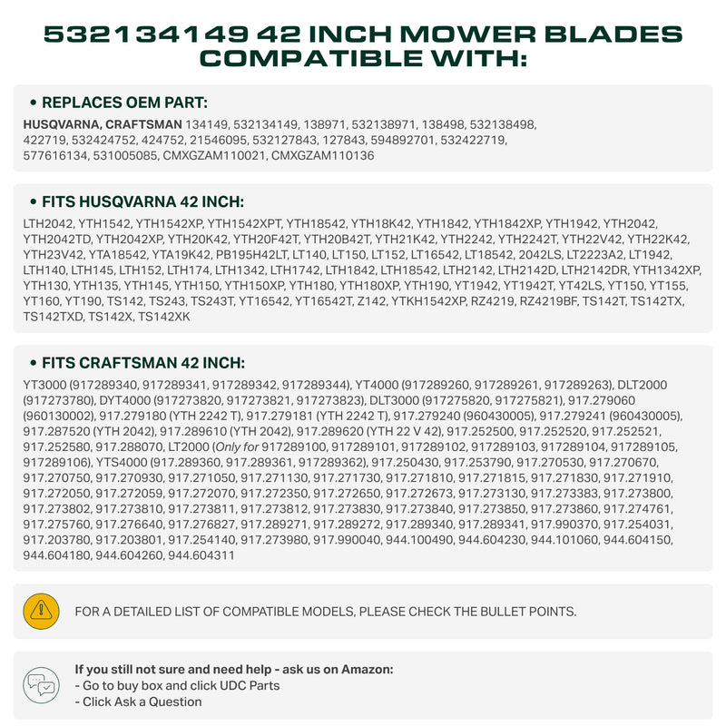 134149 Mulching Blades Replacement for Craftsman 42 Inch 532134149 Husqvarna 138971 422719 YTH18542 YTA18542 YTH1842 138971 532138971 138498 Poulan PO17542LT YTH1542XP YTH22V42 / 2 Pack
