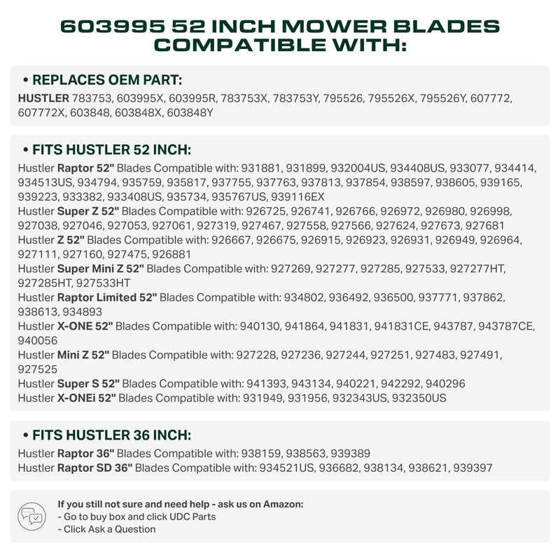 603995 Mower Blades Replacement for Hustler Raptor 52 Inch 795526 783753 30227-52X Mini Z FasTrak SD X-ONE Super S Sport Hustler Z 931899 935817 931949 927236 / High Lift Mulching 3 Pack