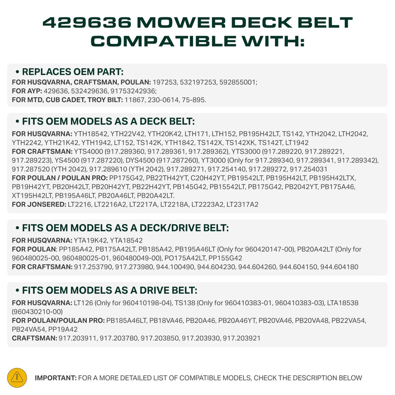  429636 Mower Deck Belt Replacement for Husqvarna YTH18542 | Craftsman YT3000, YS4500 & More | 42-in Deck | Aramid Cord