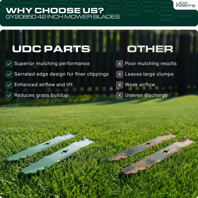 GY20850 Mower Blades Replacement for John Deere 42 inch D110 D130 D105 S100 E100 E120 E130 Z225 GX22151 AM141033 AM141031 AM141034 X305R D100 LA105 LA115 E110 / Gator Mulching Blades 2 Pack